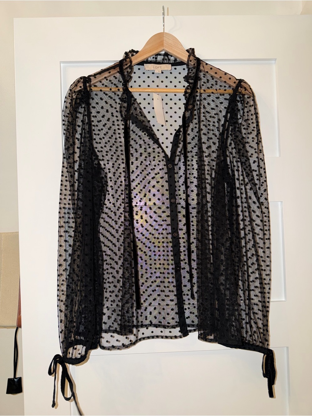 LOFT Black Sheer Polka Dot Ruffled Tie-Cuff Blouse